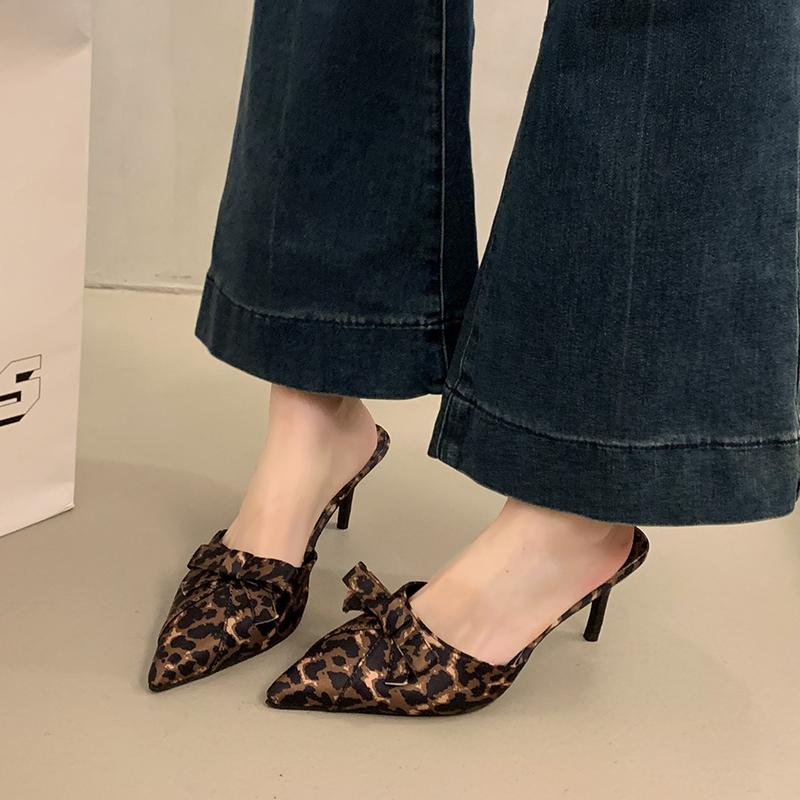 Fashion Fashion 2025 Closed Toe Women's Slippers New Leopard Print Outdoor Dress Sexy Butterfly-knot Best Seller Plus Size Heels Women