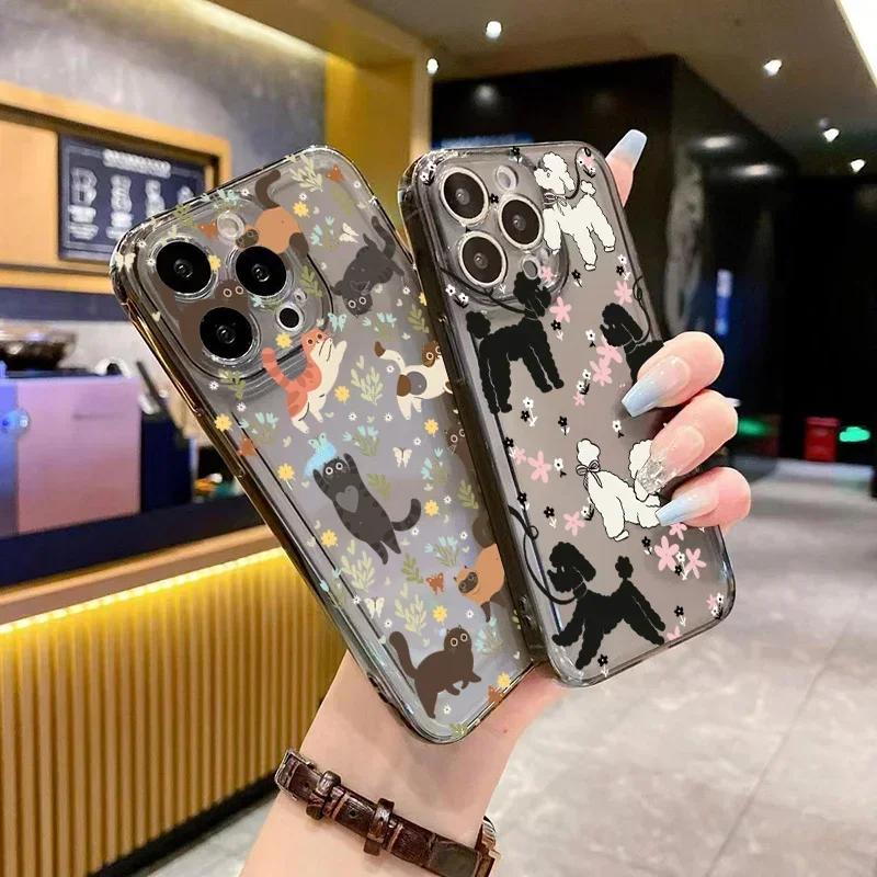 Graffiti Cartoon Dog Cat Phone Case For iPhone 15 Pro Max 14 12 13 11 16 16e Case X XR XS 7 8 Plus SE 3 Transparent Soft Cover