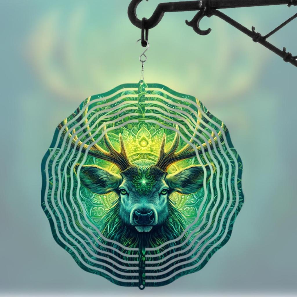 Artistic Deer Wind Chime 25cm with 360 Hanging Hook Intricate Metal Design Vibrant Green Yellow Patterns for Outdoor Garden Patio Balcony Decor