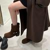 Sheepskin Version~ Retro Square Head Thick Heel Heightened Western Cowboy Boots Belt Buckle Martin Boots Women's 2025 New Short Boots