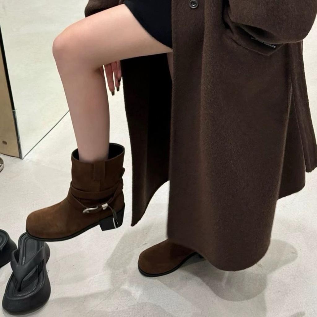 Sheepskin Version~ Retro Square Head Thick Heel Heightened Western Cowboy Boots Belt Buckle Martin Boots Women's 2025 New Short Boots