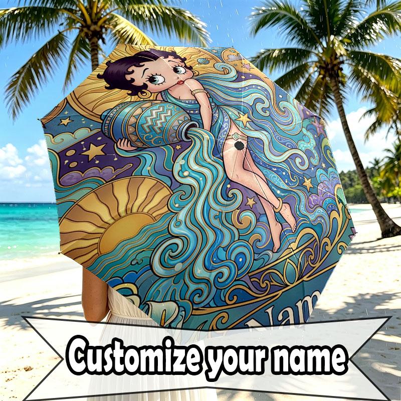 Spersonalizowany Parasol z Nadrukiem Betty Boop z Imieniem, Automatyczne Otwieranie i Zamykanie, Wytrzymały Stelaż z 8 Żebrami, do Codziennego Użytku, na Kemping i Piesze Wycieczki, Prezent Urodzinowy