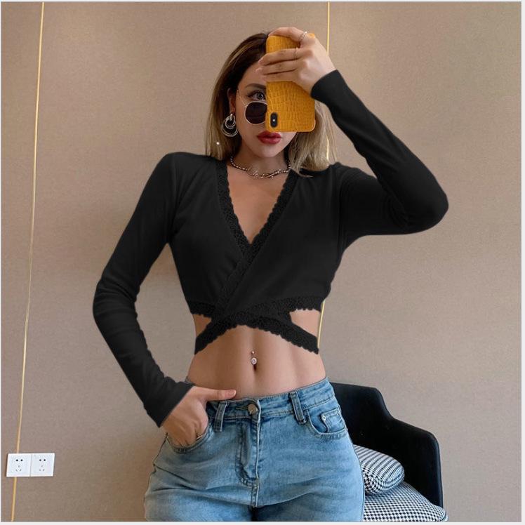 

Осень 2020 Европейский и Американский Узкий Кружевной V-образный вырез Длинный Рукав Женский Топ Small чёрный