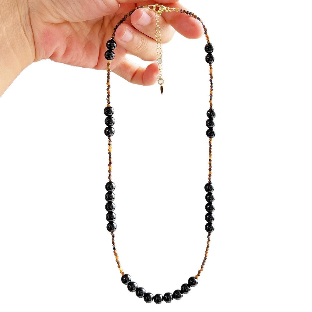 Maillard Natural Tiger'S Eye Stone Black Agate Beaded Necklace Women'S Autumn And Winter Collarbone Chain Sweater Chain Fidelity