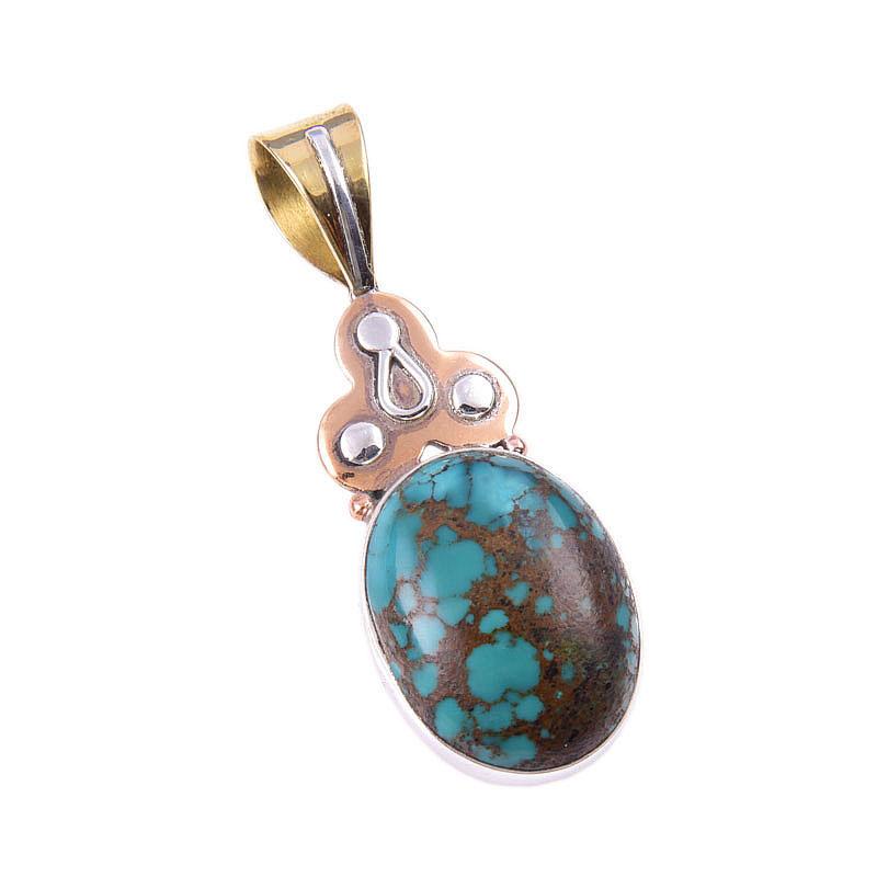 Natural Tibetan Turquoise Gemstone 925 Solid Silver Two Tone Pendant 1.75" u7v45