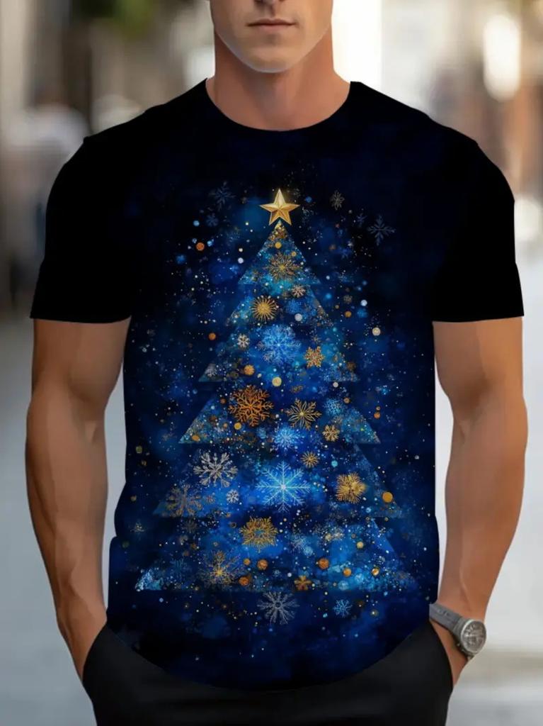 3D-Druck Herren Weihnachts-Nikolaus Schneeflocken-Print T-Shirt Lässiger Rundhals-Pullover Kurzarm Weihnachten T-Shirts Kleidung