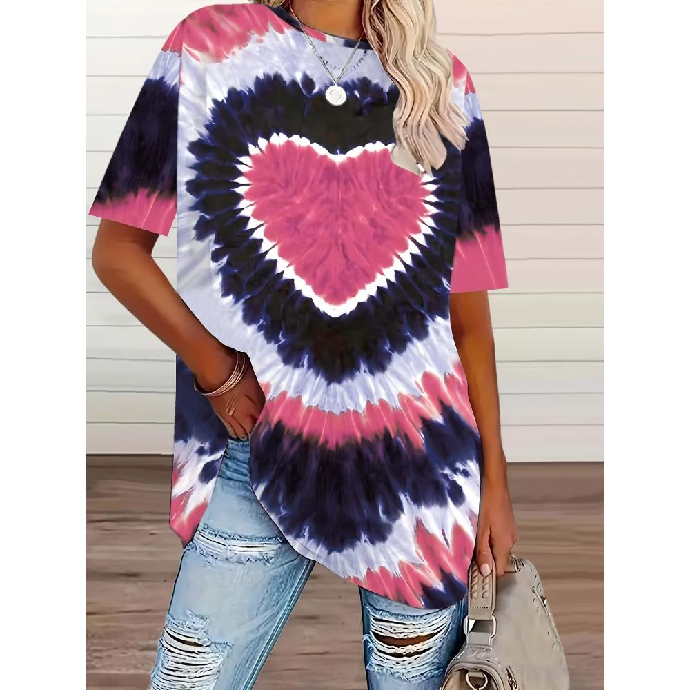 

plus size tie-dye heart-print T-shirt casual short-sleeved knitted top round neck, spring and summer series, large size shirt XS