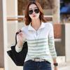 2025 Women's Striped Long-Sleeve Zipper T-Shirt with Stand Collar