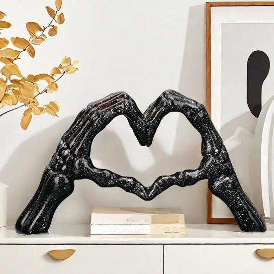 Skeleton Hands Heart Sculpture Gothic Love Gesture Statue Resin Heart Shape Skeleton Finger Gesture Figurine for Halloween Home Decor Gift
