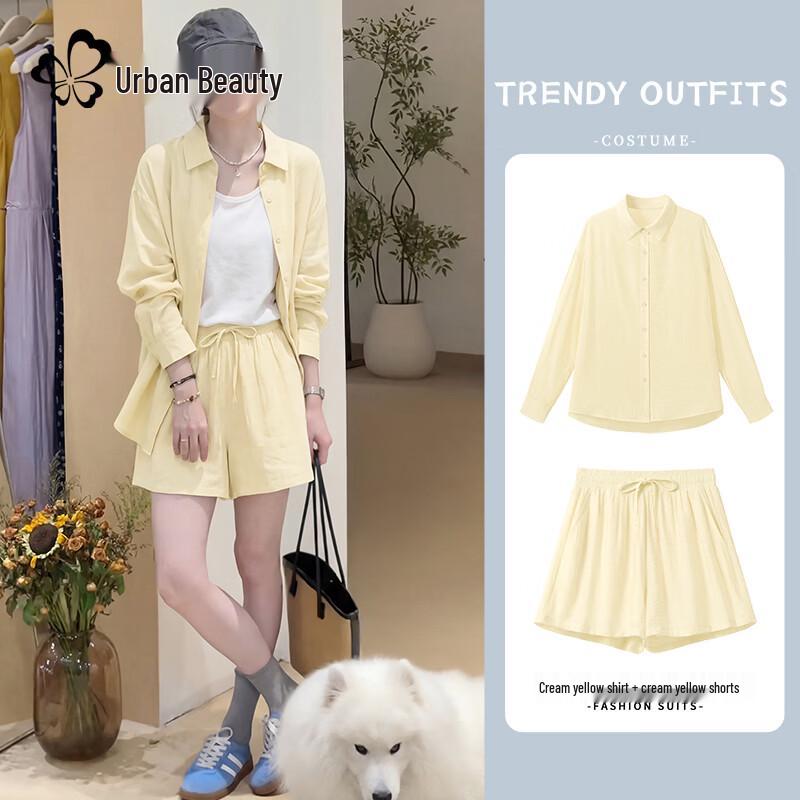 Women s Summer Linen Blend Polo Shirt & Shorts Two-Piece Set S