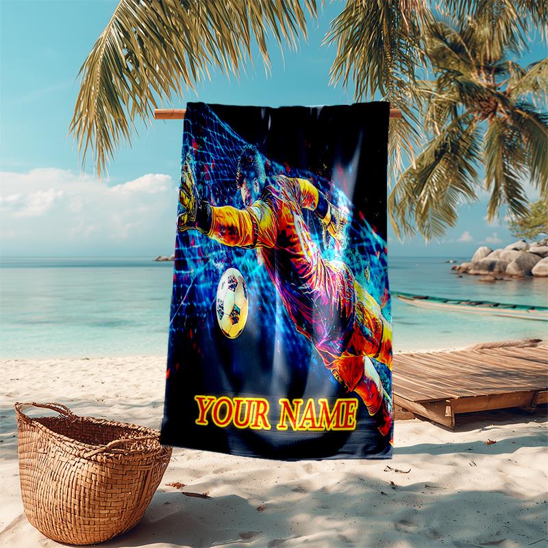 1PC Custom Name Goalkeeper Action Beach Towel Highly Absorbent And Sand-Resistant Towel for Swimming, Pool, Yoga, And Travel Lightweight
