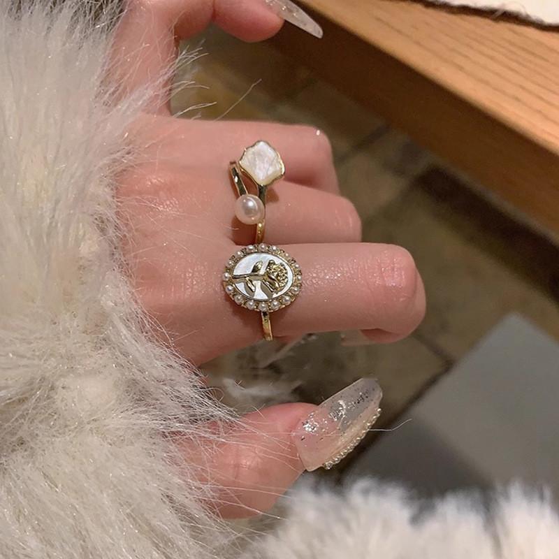 Geometric Chic Butterfly Ring For Women Fashionable Open Design Shell And Pearl Style