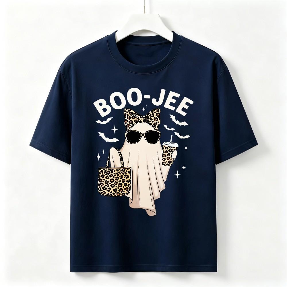 Boo-Jee Ghost Halloween Graphic T-Shirt Leopard Bow Unisex Party Costume Tee