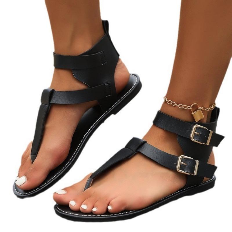 Summer Low-heeled Toe Women's Shoes Fashionable and Comfortable Belt Buckle Flat-bottomed High-top Sandals