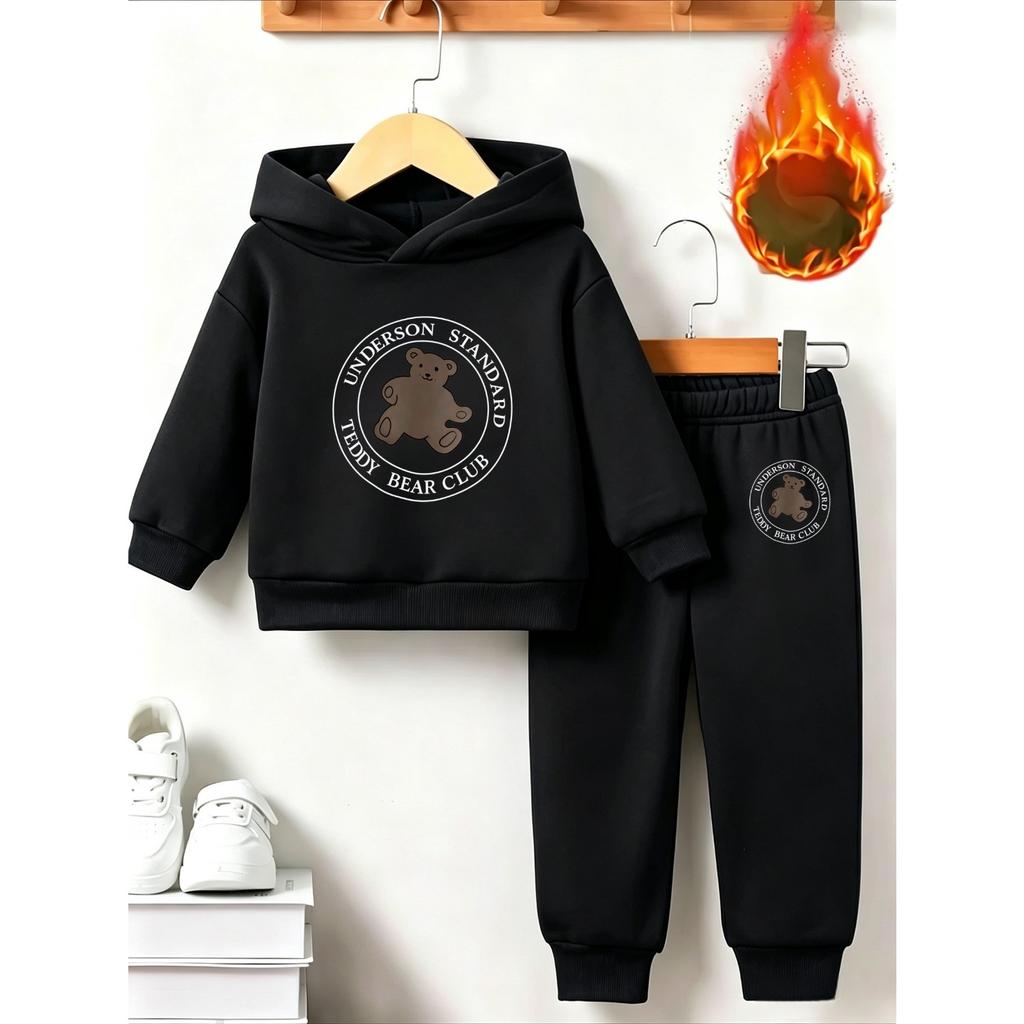 Classic bear print children's warm sports outfit with autumn/winter anime print - long-sleeved hoodie set