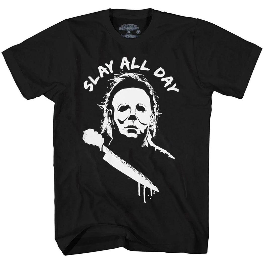 Halloween Michael Myers Slay All Day 100% Cotton T-shirt Mens Tees Top 4XL