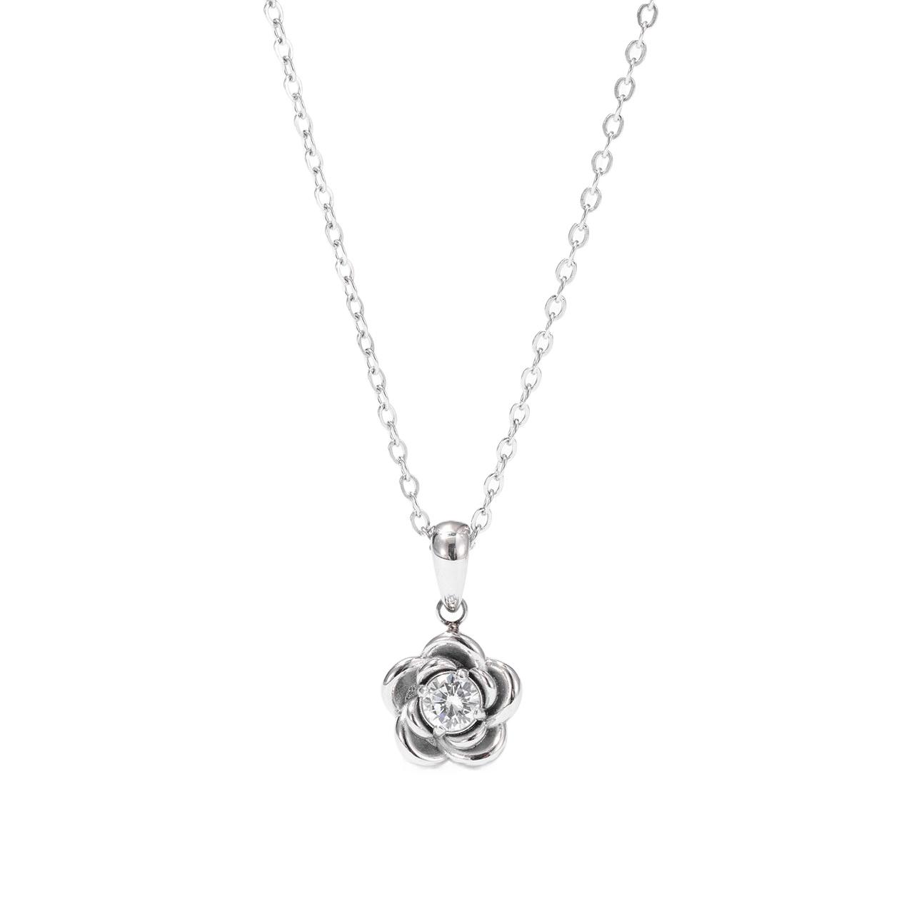 Stainless Steel Flower Pendant Necklace Gold/Silver Tone Crystal Inlaid Minimalist Jewelry for Women серебряный