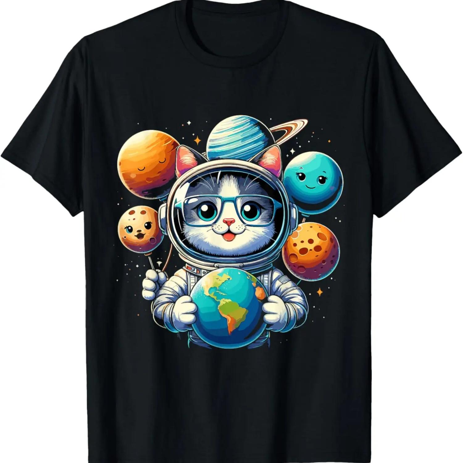 Space Astronaut Cat Planet Balloons Solar System Kids T-Shirt S чёрный