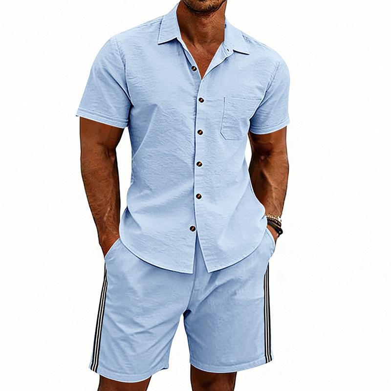 Men's Summer Plain Short Sleeve Shirt & Zipper Shorts Set
