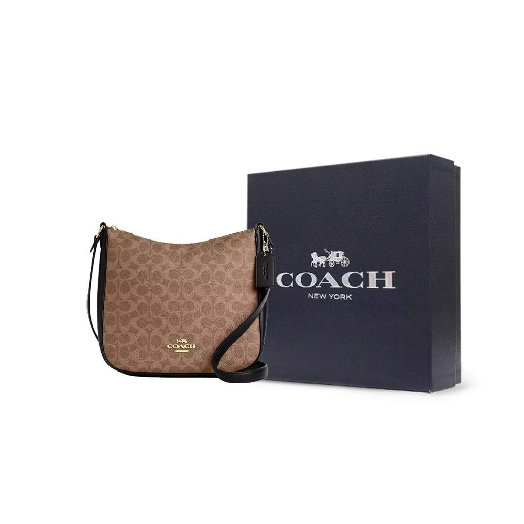 Coach Ellie 27 Logo Zip Closure Coated Canvas Crossbody Shoulder Bag Large Women Bags Khaki Black CZ177-IMQRX