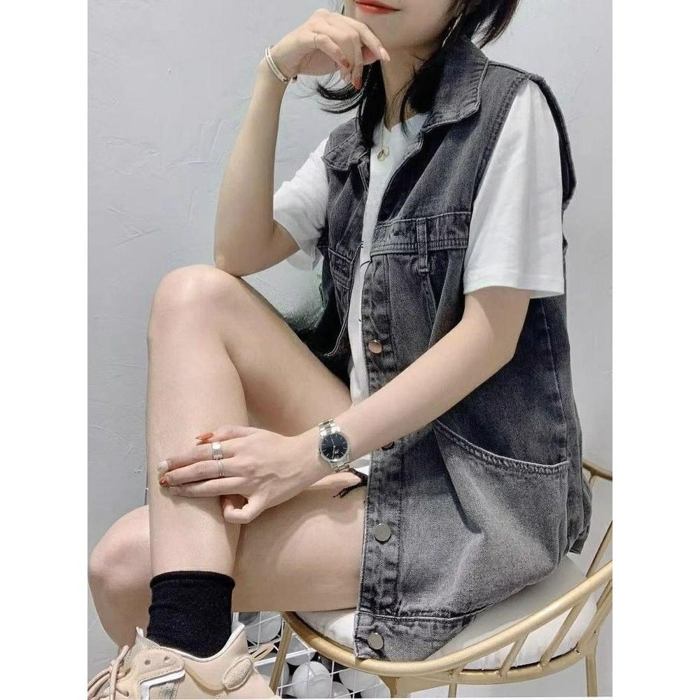 Spring and Autumn Large Size Sleeveless Denim Vest Women's Loose Casual All-match Fashion Vest Tooling Waistcoat Jacket Trend