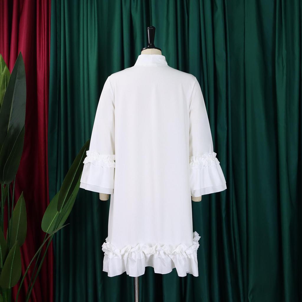 D3248 European & American Plus Size Women's Loose Casual Dress with Ruffle Sleeves and Tie