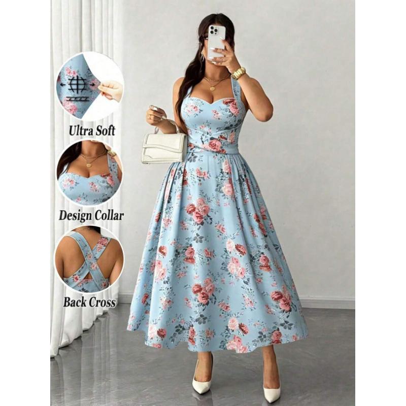 Europe, America 2026 summer new elegant romantic blue and pink flower print halter dress women S