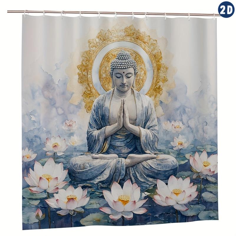 1pc Buddha Sitting Cross-Legged Meditation Shower Curtain, Lotus & Watercolor Design for Spiritual Bathroom Decor