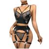 Fun Underwear Sexy Black Women's Hollow Mesh Lacquer Leather Connection Buckle Underwear Fun Set