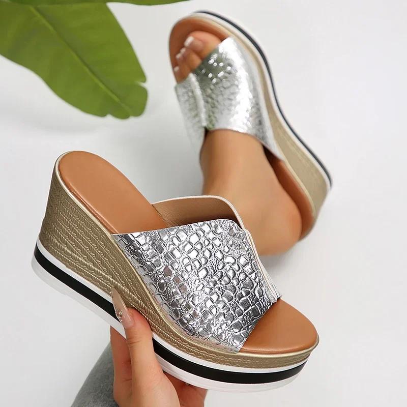 Fashion Women Shoes Silver Chunky Platform Sandals 2025 Summer Wedges Slippers Plus Size 36-43 Woman Outdoor High Heels Sandles Female