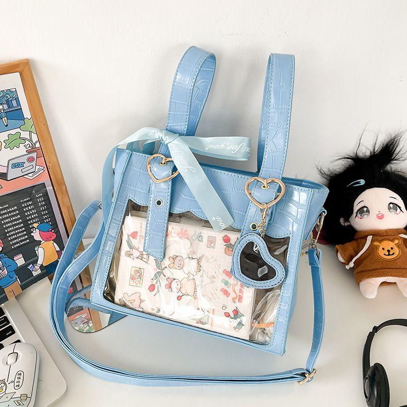 Sweet Cute Laced Bow Heart Charm Ita Bag Women Anime Crocodile Shoulder Bag Ladies Transparent Leather Large Capacity Handbag