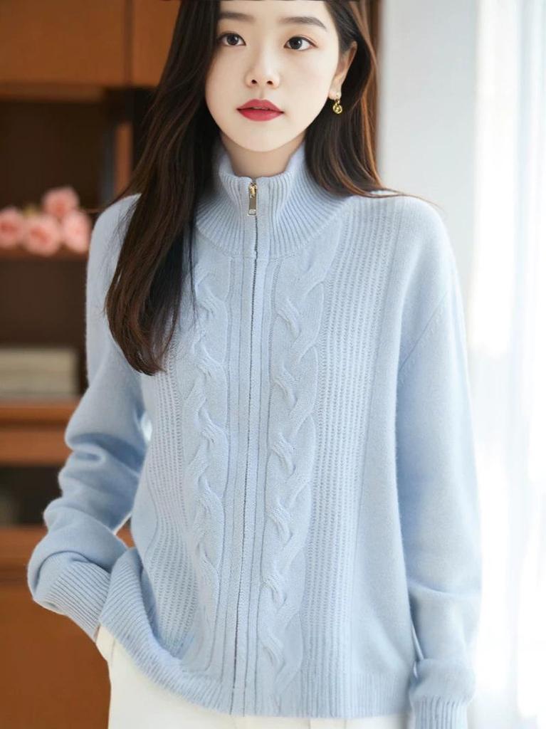 Women's Heavy Cable Knit High Neck Cardigan - Thick, Loose Fit for Autumn/Winter