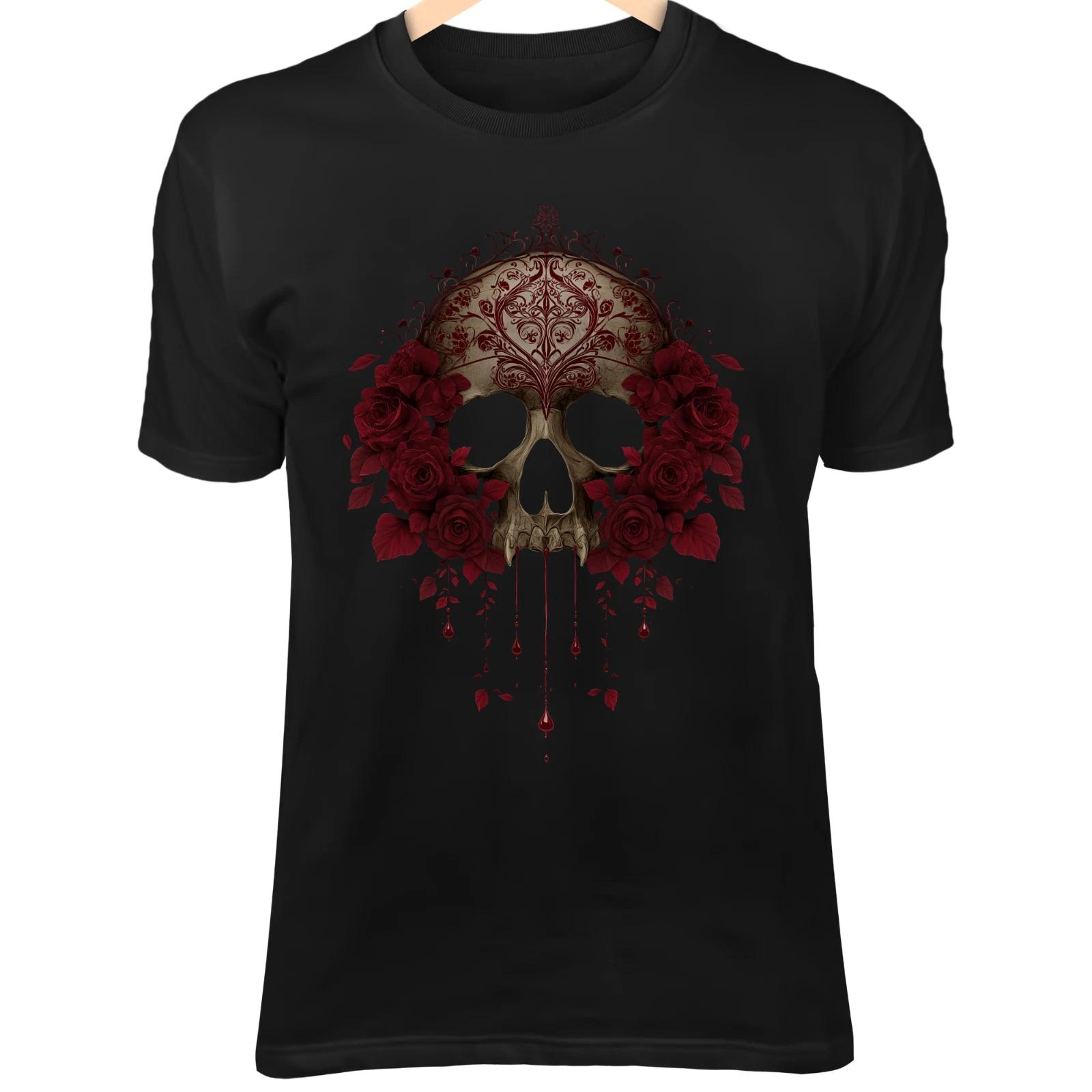 Vampire Skull II T-Shirt – Blood Dripping Fangs, Gothic Filigree, Dark Rose Art L