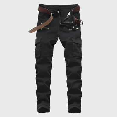Pantaloni Bărbați Motocicletă Denim Stretch cu Detaliu Fermoar - Negru