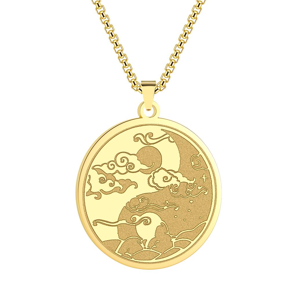 Kinital Exquisite Laser Carving Ancient Egypt Yin Yang Night Moon Lover Pendant Fashion Jewelry Stainless Steel Necklace