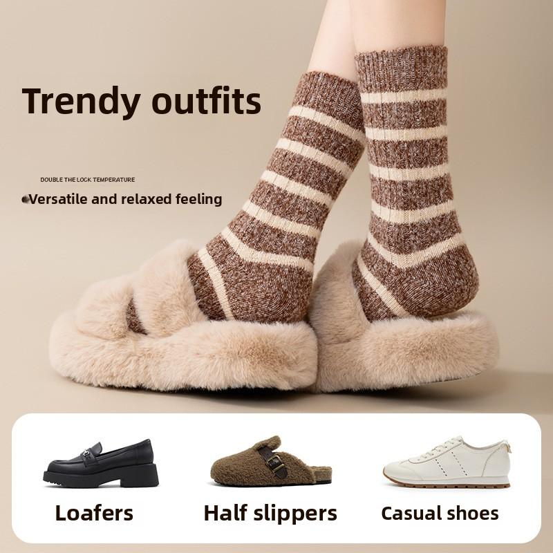 Socks women's mid-tube socks autumn winter double needle stripes spring and autumn warm stockings