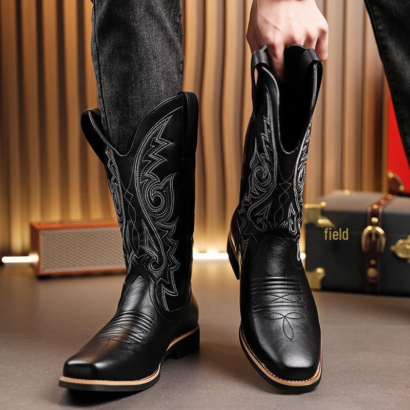 Men's Size 48 Leather High-Top Boots - Retro Cowboy Style for Spring, Autumn, and Winter