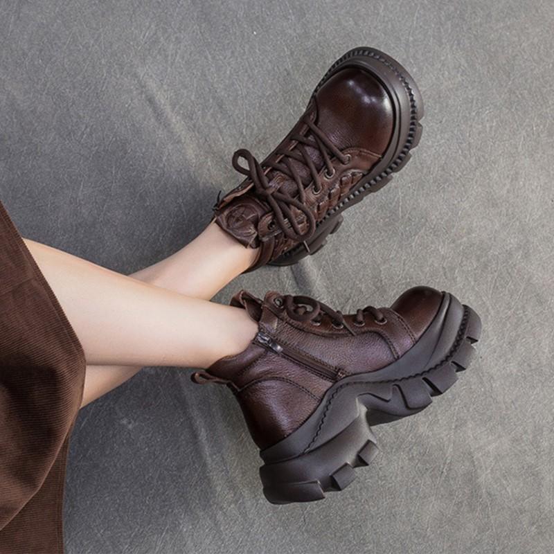 Johnature Retro Genuine Leather Thick Soled Short Boots Comfortable Side Zipper Women's Platform Shoes