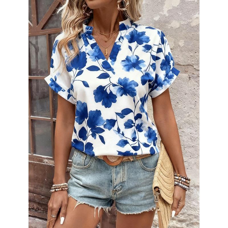 Women Casual Loose V Neck Floral Print Short Sleeve Blouse S