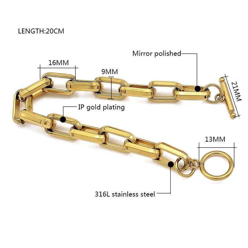 Unisex Stainless steel Oval Round Corner Link Chain T Toggle Clasp Bracelets for Women Men Hip Hop Punk Style Hand Jewelry