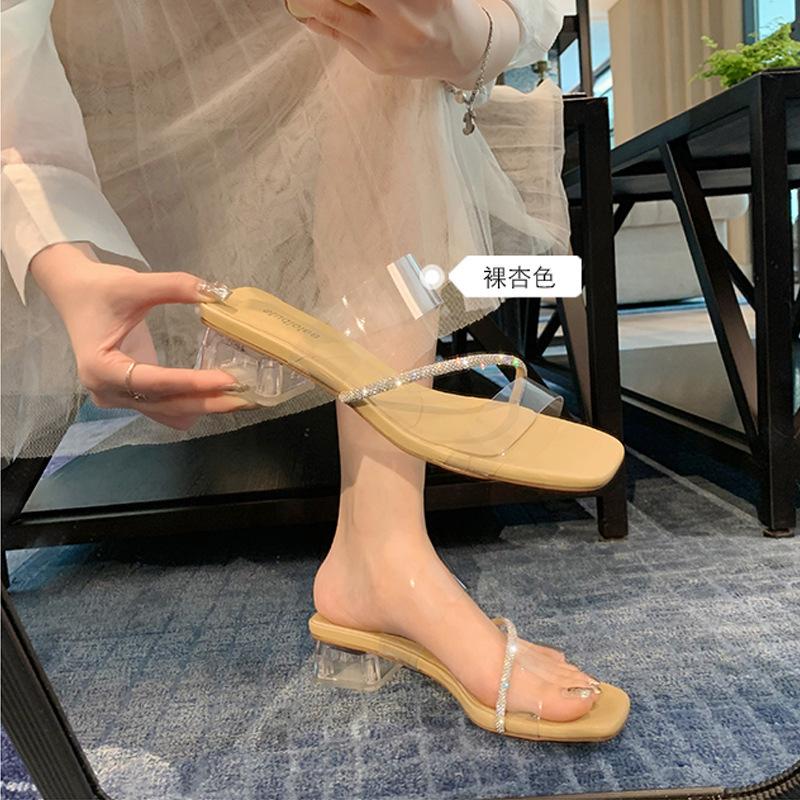 2025 summer new fashion rhinestone PVC transparent sandals square head shows legs long crystal thick heel outer wear cool slippers