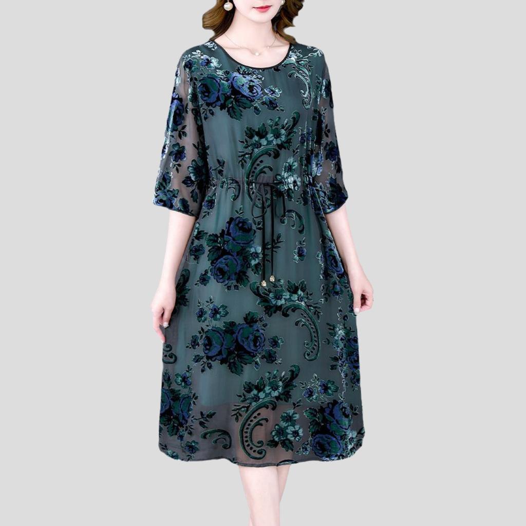 High-end Women's Velvet Dress Long Silk Dress Loose Floral A-Line Dress Spring Autumn