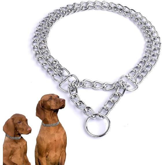Silver Dog Choker Collar,2 Rows Stainless Steel Dog Chain Cuban Link Metal Martingale Collar Heavy Duty Training Choke Collar for Small Medium Large