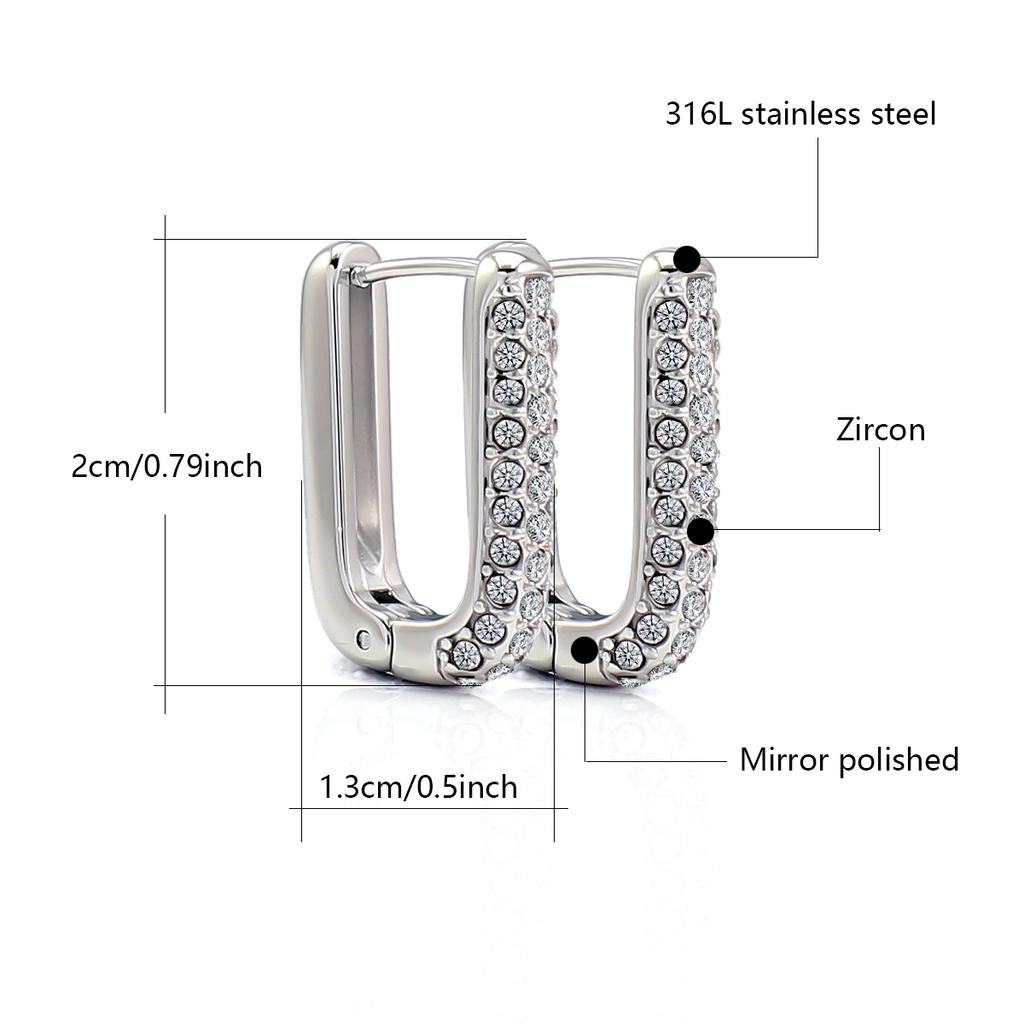 Hot Sale Bling Silver Plated Huggie Hoops Stainless Steel Rectangle Zircon Earrings for Women Wedding Party Jewelry