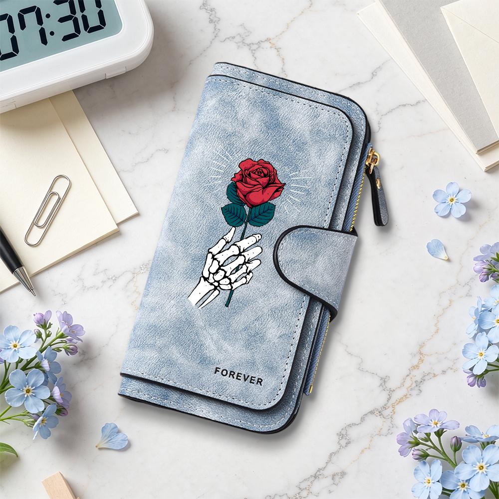 Gothic Skeleton Rose Print Long Wallet Fashion Multi Slot Portable Forever Purse 