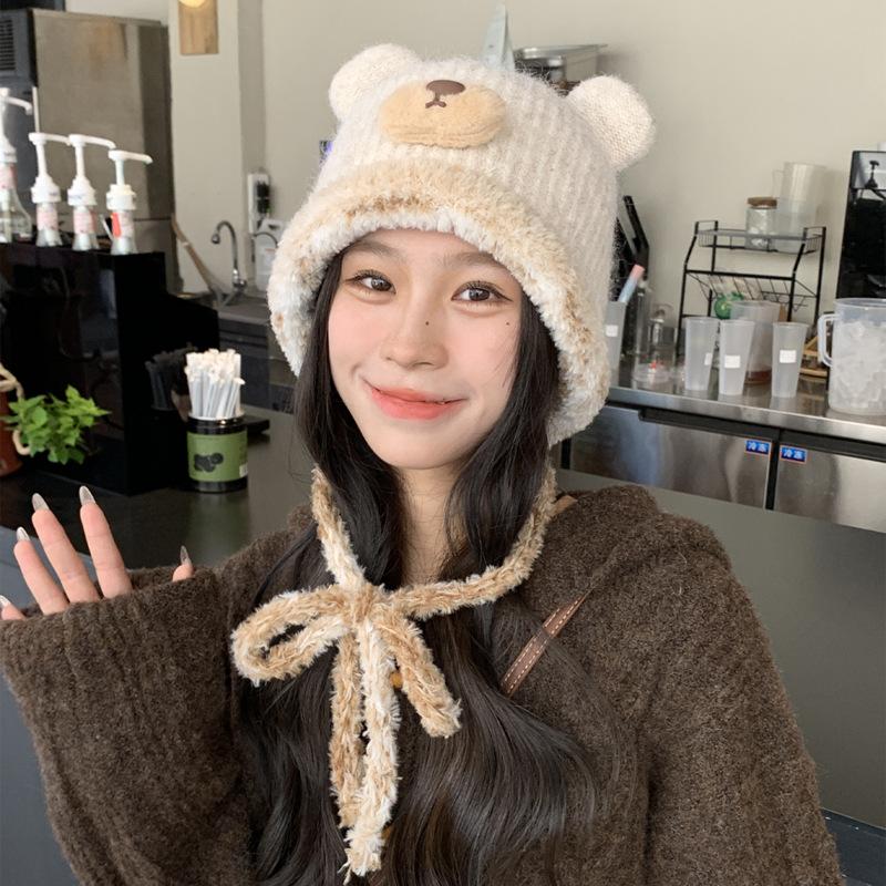 

Autumn and winter trendy cute bear ears knitted hat schoolgirl versatile warm ear protection pullover hat wool hat 52-56cm темно-коричневого кольору