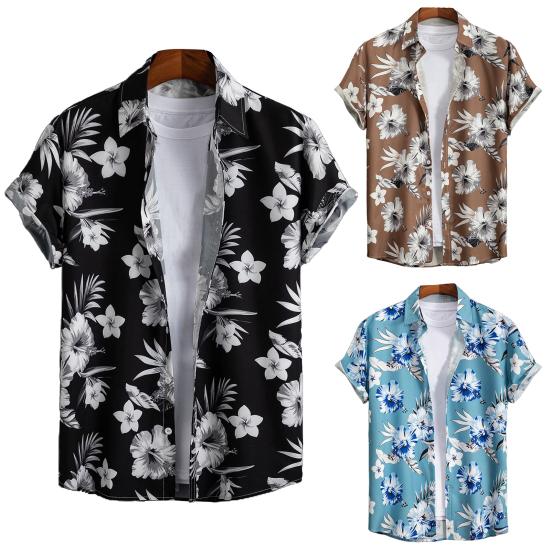 Lapel Short Sleeve Men Shirt Buttons Closure Thin Anti-pilling Summer Flower Printed Hawaiian Shirt Beachwear