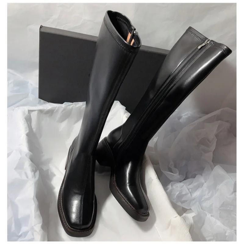 Chunky Heel Square Toe Solid Color Leather Stretch Over-The-Knee Slim Boots Style With Sweater Four Season Fashion Women Boots
