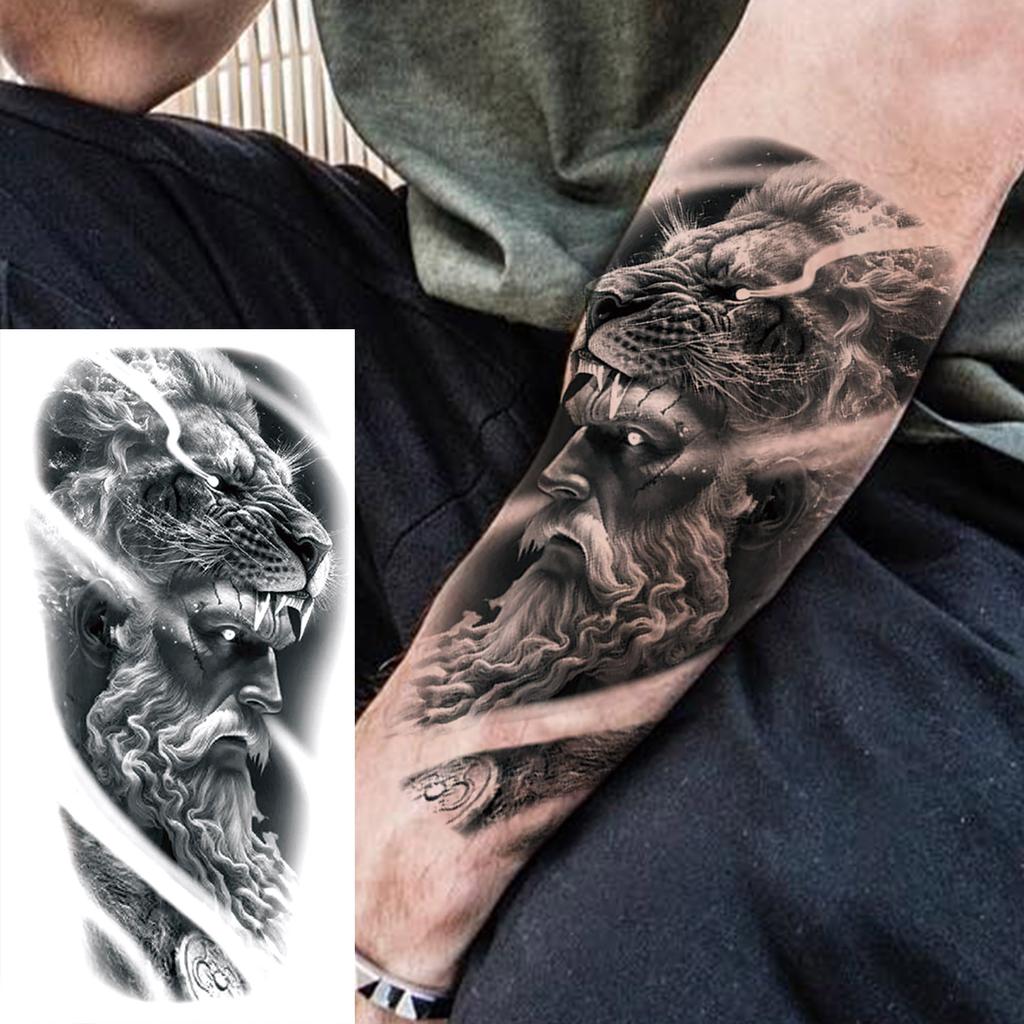 1 Sheet Death Skull Lion Temporary Tattoos For Men Women Adults Fake Wolf Skeleton Tattoo Sticker Sleeve Black Zeus
