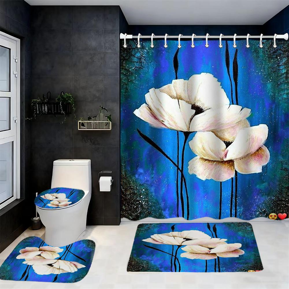 Floral Pattern Shower Curtain Bath Sets Waterproof Non-Slip Bathroom Rug Toilet U With 12 Hooks Home Deco